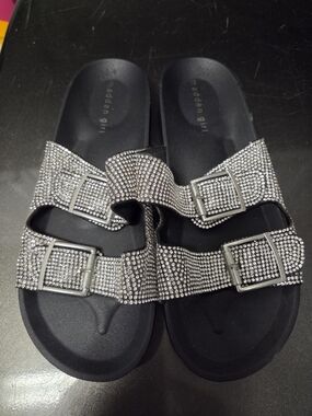 Madden Girl Silver Crystal Double-Buckle Slide Sandals
